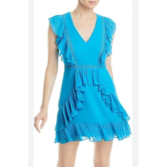 BCBGMAXAZRIA Pleated Ruffled Mini Dress Blue Womens Size 0 - Picture 1 of 10